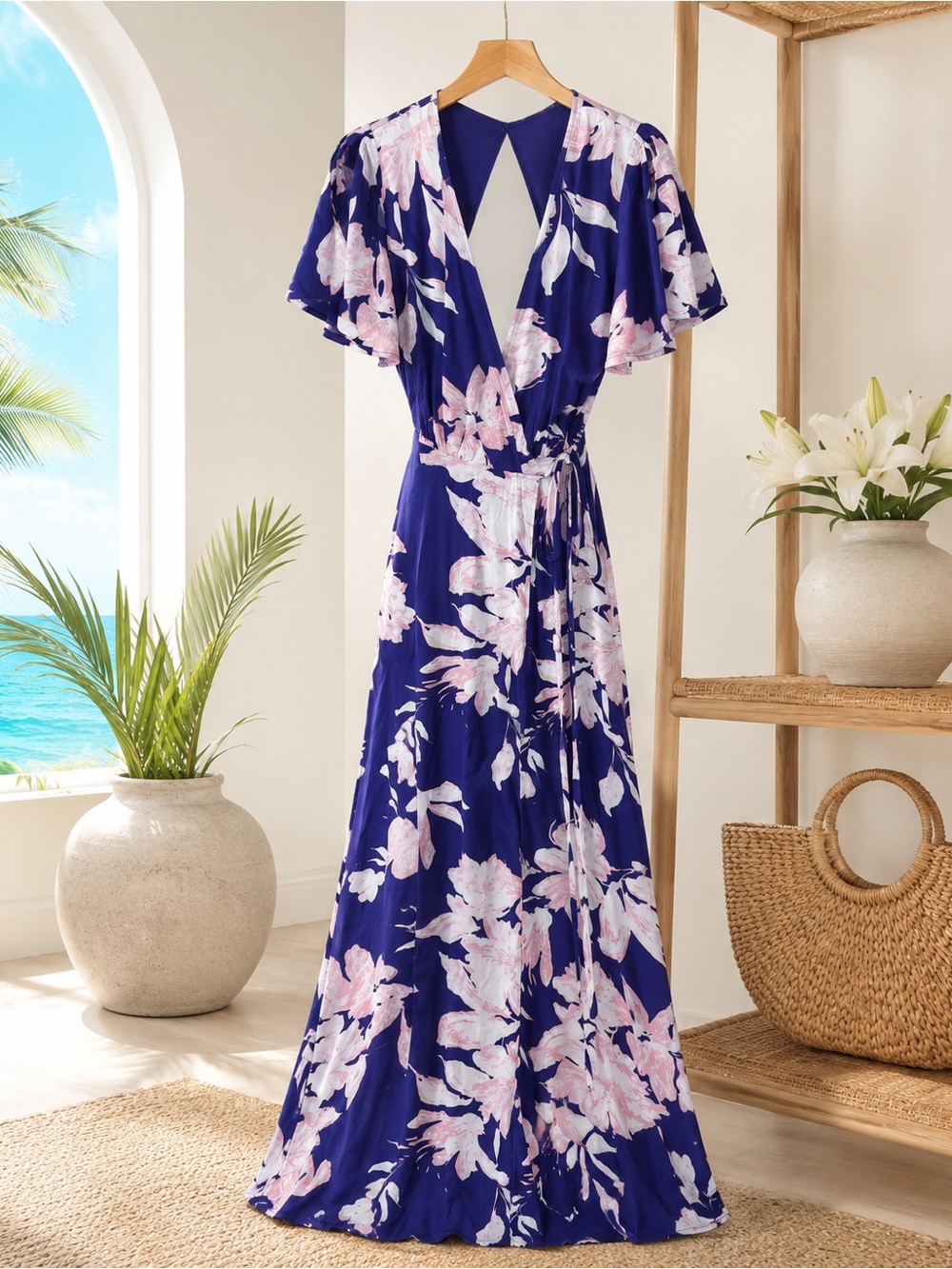 Lulus Navy & Pink Floral Maxi Wrap Dress – Size Medium